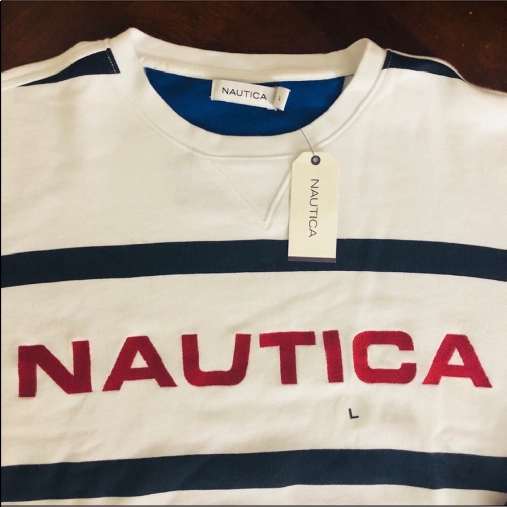 Crewneck Pullover Sweater Sailor White Blue Red - Picture 6 of 7